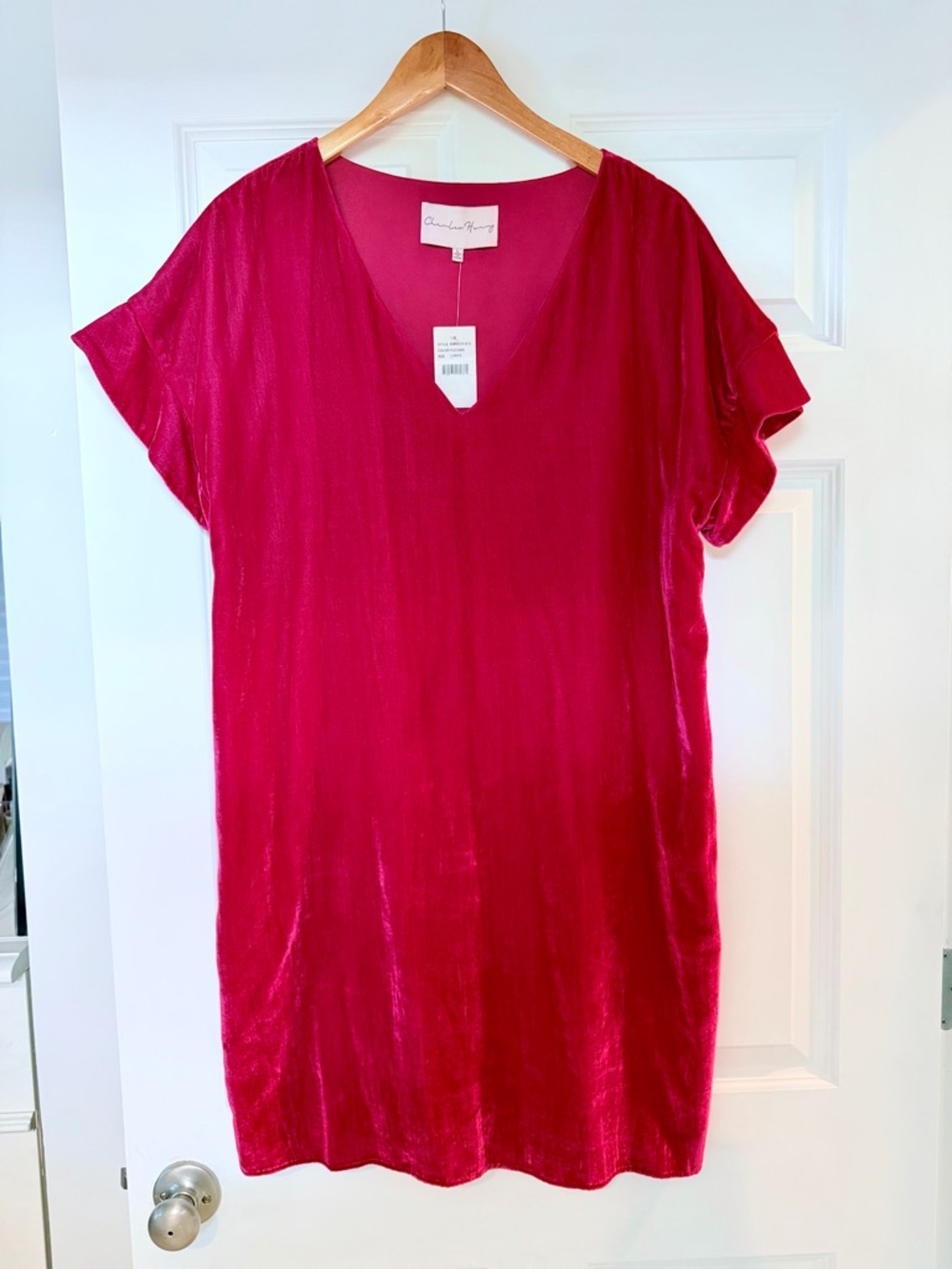 Velvet V-Neck Shift Dress - Raspberry Pink